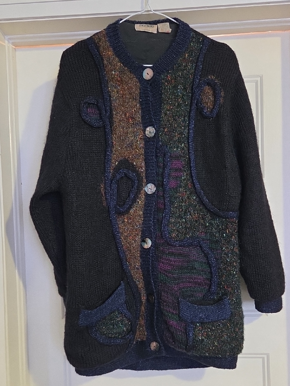 Vintage Womens Black Multicolor Patchwork Button Cardigan Sweater
